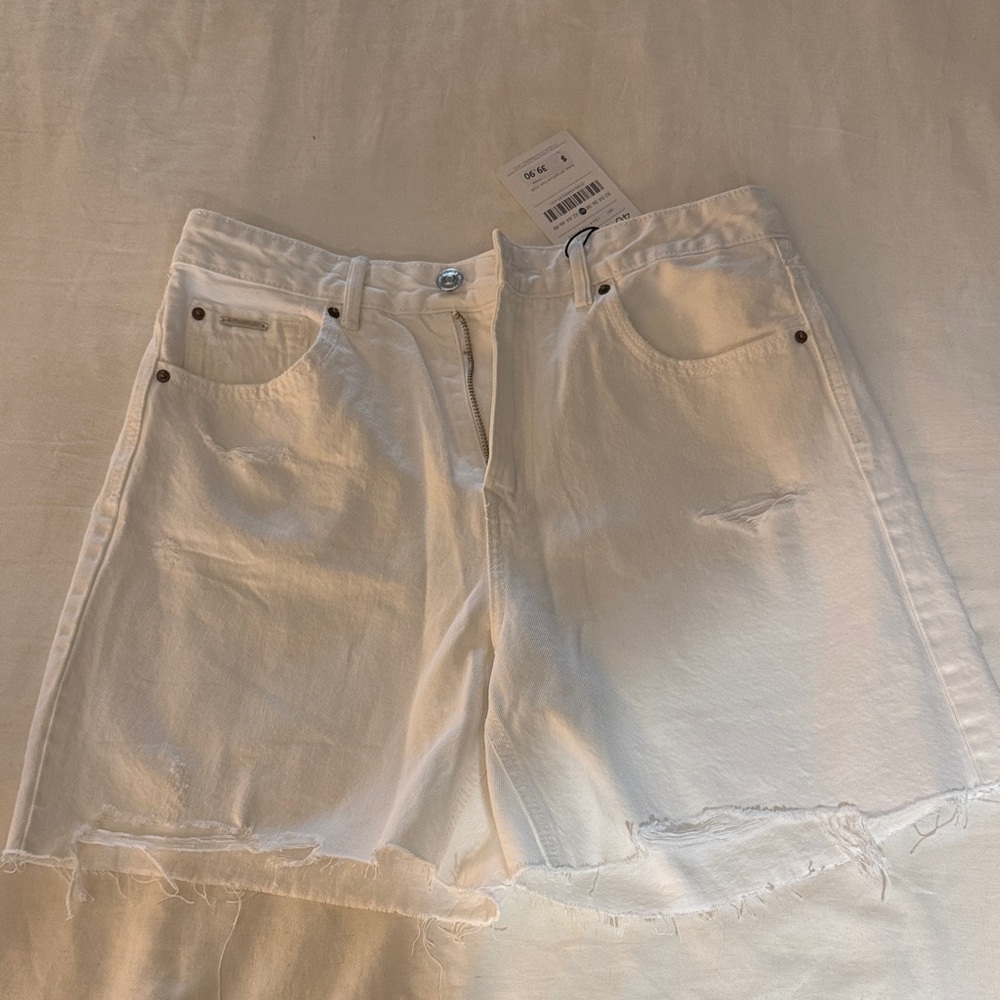 Stradivarius White Longline Denim Shorts